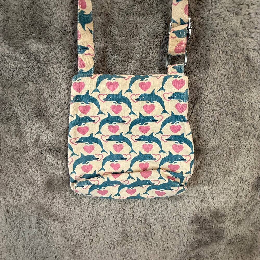 Bungalow 360 Crossbody Purse Shoulder Bag Satchel Blue Dolphin Pink Heart Canvas - Picture 2 of 12